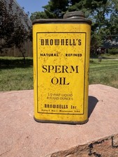 VTG Brownell’s Sperm Oil Tin Can~Full Half Pint Tin~Very Good Paper Label picture
