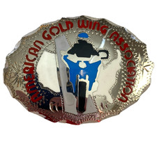 Vtg American Gold Wing Association Belt Buckle Enamel Etched Riding Touring 3.5