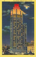 1932 Chicago Tribune Tower By Night Linen Postcard Curt Teich #2A-H470 picture