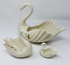 Lot of 3 Vintage Lenox USA Swan Candy Trinket Jewelry Dishes One Gold Trim Ivory picture