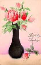 Birthday Card Black Bud Vase Red Roses Sill Life Embossed Vtg Postcard E20 picture