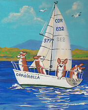 PRINT OF PAINTING PEMBROKE WELSH CORGI RYTA SEASCAPE BEACH YACHT folk art boat picture