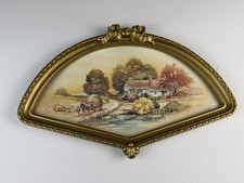 Vintage Homco Fan Shape Gold Bow Framed Picture Autumn Harvest Cottage 16x10 picture