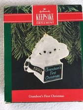 Vtg HALLMARK  Ornament 1990 Grandson's 1st Christmas ACRYLIC BABY CHILD LAMB picture