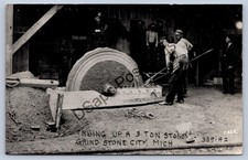 Michigan Rppc Postcard c1930-50s Truing Up 3 Ton Stone Grind Stone City picture
