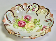 Vintage Handpainted Porcelain Bowl Roses Deep Pink, Yellow w Gold Trim Very Thin picture