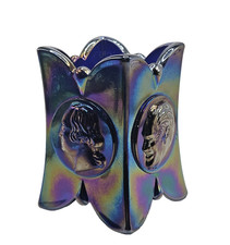 VINTAGE CARNIVAL GLASS TOOTHPICK HOLDER JOE ST CLAIR BLUE PATRIOTIC IRIDESCENT picture