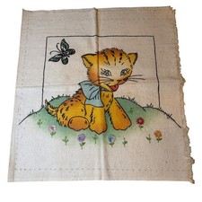 Vintage Embroidered Kitten Linen Unfinished Pillow Needs Batting and Closure picture