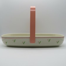 TELEFLORA 1985 Ceramic Porcelain Basket Pink Floral Design w/ Pink Metal Handle  picture