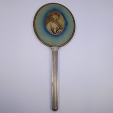 Vintage Art Deco Vanity Hand Mirror Lady Portrait Blue Green Metal Handle picture