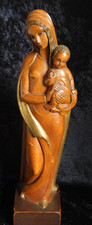 VINTAGE STYLIZED MID-CENTURY WOODEN MADONNA & CHILD STATUE VIRGIN MARY GILT picture