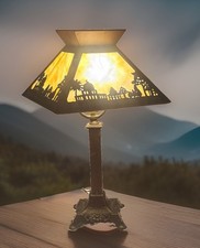 Art Nouveau Slag Glass Lamp With Scenic Overlay picture