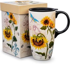 Topadorn 17oz Sunflower Ceramic Coffee Mug with Lid, Vintage Floral Porcelain... picture