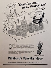 1943 Pillsbury's Pancake Flour Print Ad for Hungry Soldiers Anthropomorphic Sack picture