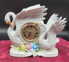 Vintage Landex Mantle Clock Porcelain 2 Swan (not working) Figurines are Perfect picture