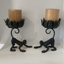 Vintage Cast Iron Monkey Pillar Candle Holders Pair picture