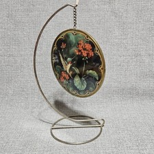 Vintage Hummingbird Red Flowers Stained Glass Sun Catcher Brass Frame Stand picture