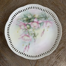 Hand Painted Reticulated Porcelain Plate Floral Fuchsia Design 8-1/2