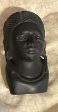 Vintage Hand Carved African Soapstone Young Lady Bust, Heavy 4” Tall, Solid Blak picture