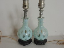 Vintage Pair Fenton Glass French blue Opalescent White Coin Dot Boudoir Lamp picture