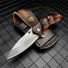 Drop Point Folding Knife Pocket Hunting Survival Tactical Damascus Steel Wood S picture