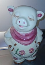 Vintage Shawnee Pottery Smiley Pig Cookie Jar - USA Pink Floral Apron 1940s picture