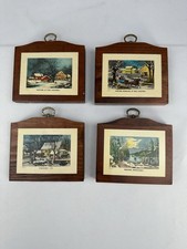 Vintage Currier & Ives Wooden Wall Hanging Plaques Set of 4 Winter Scenes picture