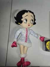 Vtg Betty Boop Plush Doll White Coat Pink Boots Black Hair 16 in Plush Fabric picture