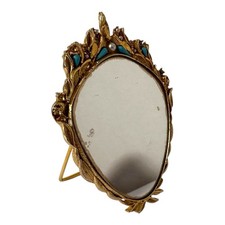 Vintage Mirella Oval Vanity Mirror Gold Tone Stand W/ Turquoise Stones READ picture
