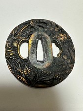 Japanese Tsuba Lion Peony Wave Relief Round Signed Antique Sword Fitting picture
