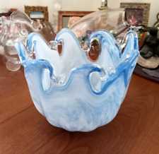VTG Murano BLUE WAVES White Swirl BOWL Hand Blown ART GLASS Centerpiece ITALY picture