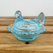 Mosser Glass Mini Hen on Nest Light Blue Salt Cellar Chicken Manganese Glow picture