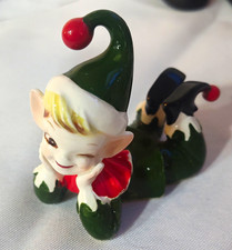 VTG Norcrest Japan Elf Pixie Figurine Lying Down, Green Outfit Red Collar, Japan picture
