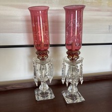 Pair Vntg. Glass Cranberry Cut To Clear Mantle Lusters Lamps w Crystal Prisms picture