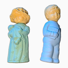 VINTAGE Avon 1970s Ceramic Kids Set of 2 Blue Green Beige Perfume Bottles picture
