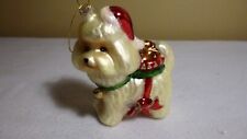 Glass Ornament - White/Yellow DOG w ribbons and bows and a red Santa hat - MINT picture
