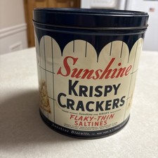 Vintage Sunshine Krispy Crackers Tin. Round - 6.25” Tall - READ DESCRIPTION picture