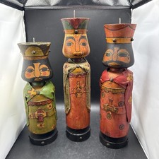 Rare Vintage Gustavo Mexico Hand Carved MCM Folk Art Candle Hold Set Of 3 picture