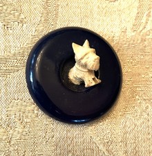 Large Vintage Novelty Celluloid 3D Dark Blue Button w Cream Color Scottie Dog picture