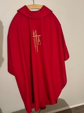 Red Catholic Priest Chasuble with Matching Stole – Gold Alpha Omega Embroidery picture