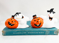 Halloween Ghost Pumpkins Two Vintage Ceramic Jack-o-Lantern Figurines Figurine picture