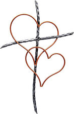 Silver Toned Metal Wall Cross with Two Interwoven Bronze Toned Hearts picture