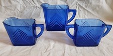Hazel Atlas Cobalt Blue Chevron Depression Glass  Pitcher Creamer and Sugar Set picture
