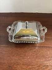 Vintage Farber ware Pressed Glass Square Covered Dish With Metal Lid picture