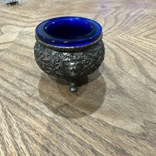 Vintage Silverplate Cobalt Blue Glass Salt Cellar Footed Floral Open Salt Dip picture