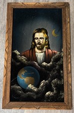 Vintage Jesus Watching World Wood Framed Art - Religious Black Velvet Painting  picture