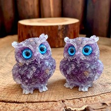 2pcs Natural Amethyst Crystal Owl Carving Figurine Decor Healing Stone Animals picture