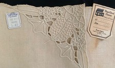 antique NOS pair linen runners w original labels, embroidery+cutwork 52 + 34