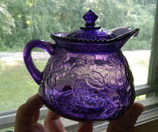 1890s AMETHYST GLASS STRAWBERRY PATTERN CREAMER PITCHER WITH COVER picture