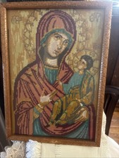 Vintage Madonna Virgin Mary Wool Needlepoint Framed Tapestry Religious Wall Art picture
